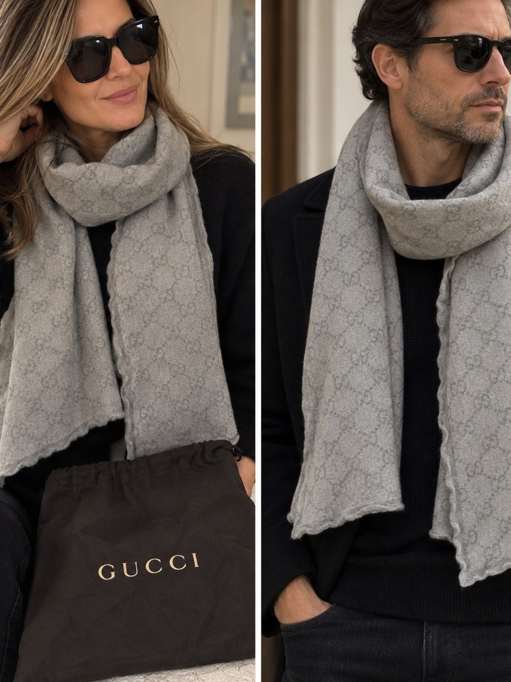 Gucci GG Monogram Gray Wool Angora Scarf Unisex Made in Italy